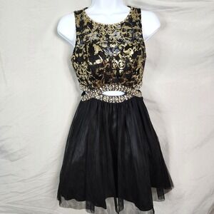 Bee Darlin Size XS Gold Sequin Rhinestone Cut Out Mini Fit & Flare Tulle Dress
